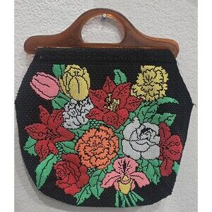 Vintage Floral Beaded purse with wooden handle